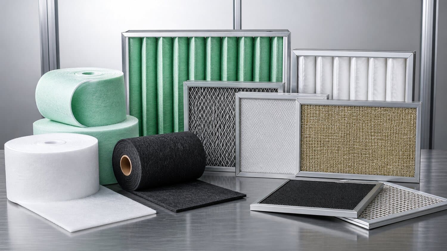 Filter media rolls, panel and pocket filters