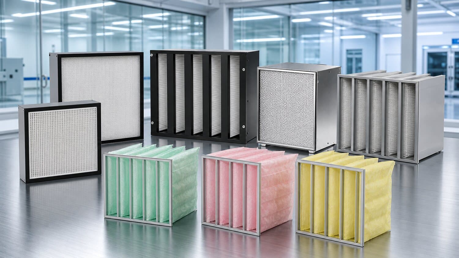 HEPA boxes, V-bank and coloured pocket filters