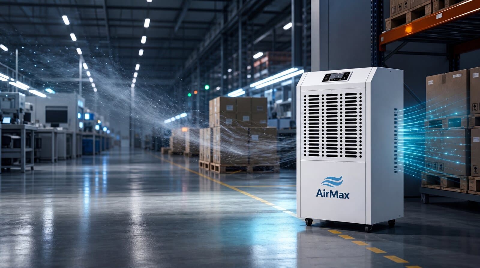 An AMD dehumidifier controlling humidity across a working warehouse